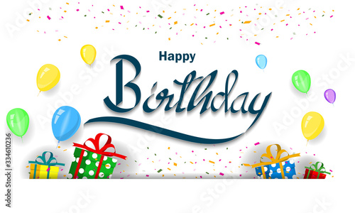 Happy birthday. It's a vector design for greeting cards, advertisements, publications, and posters with letters, balloons, gift boxes, and ribbons. design template for celebration.