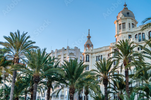 Architecture and palm trees in the Mediterranean city of Alicante, Spain