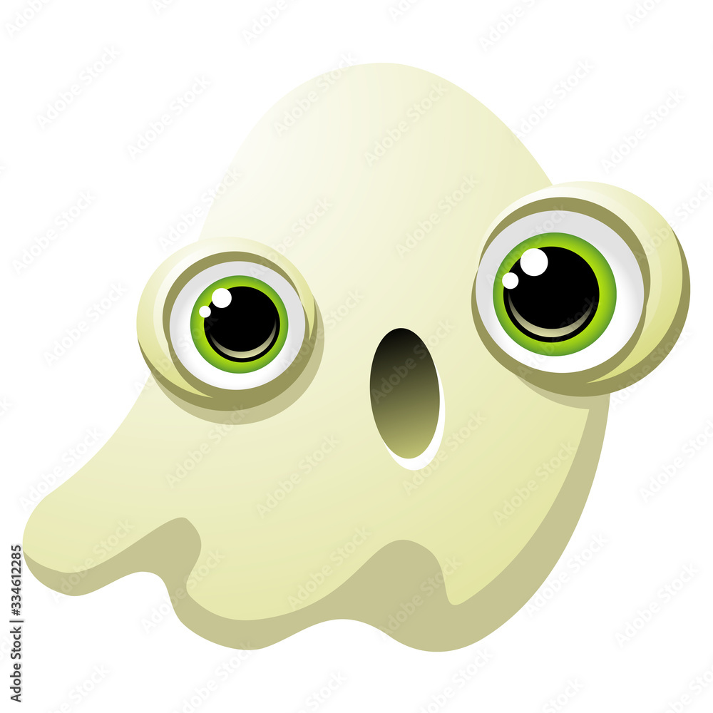 Vector drawing of a cute spooked ghost with big green eyes. Can represent Halloween, autumn, trick or treat, horror movies, scary monsters, nightmares, October, fear, spirits and expressions.