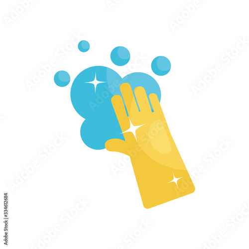 cleaning glove and soapy water icon, flat style