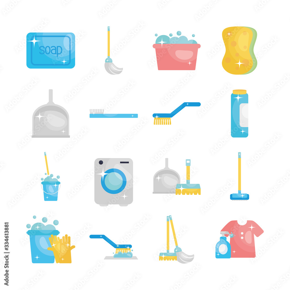 washing machine and cleaning tools icon set, flat style washing machine and cleaning tools icon set, flat style