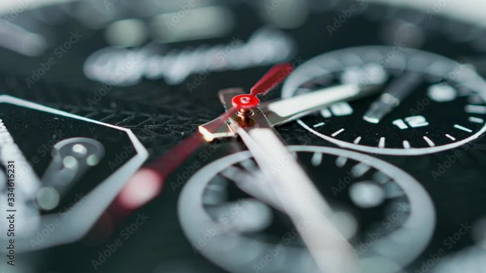 Hand watch face with details and texture, timelapse. Very close. Arrow running in time lapse extreme macro close up of business clock front, moving fast seconds hand. 4k.