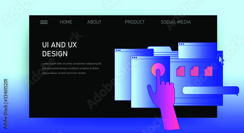 Web site template for UI and UX design. Hand with user interface elements.