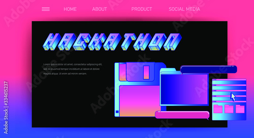 Web site template for Hackathon and Computer programming Meetup (it is Coding Challenge for developers). Landing page design with user interface elements and 3D lettering.