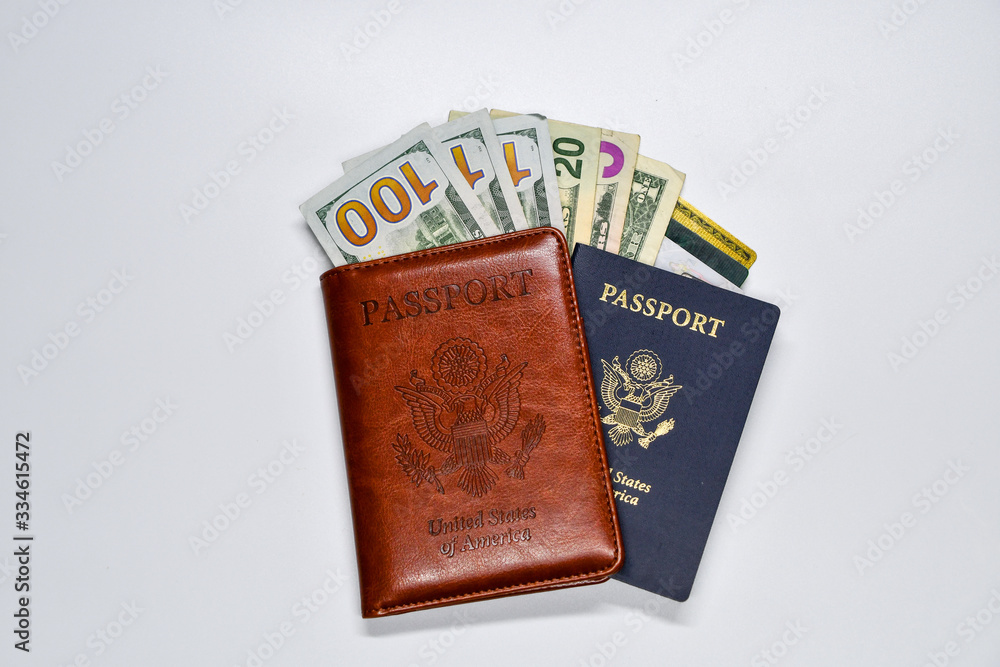 Passport, wallet, american currency and identification Stock Photo