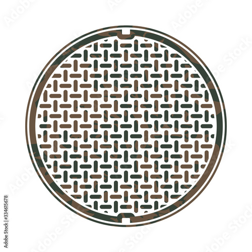 Vector drawing of a rusty and dirty industrial manhole or sewer cap isolated on white. Can be used to represent city infrastructures, waste filth, plumbing, water treatment, urban services and more.