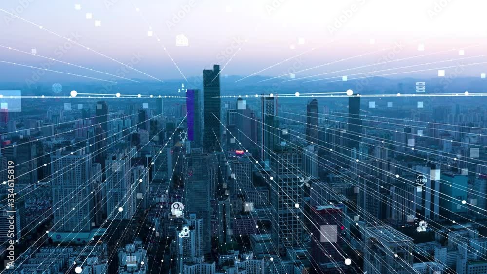 smart Connected city skyline. Futuristic network concept, city Technology.	