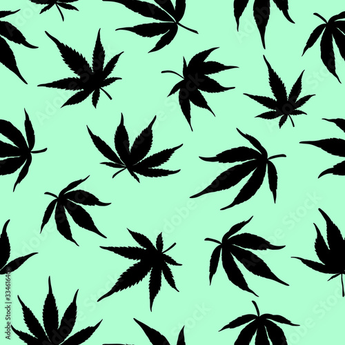 Seamless pattern of cannabis leaves on a blue background. Black hemp leaves on a blue background C. Vector illustration