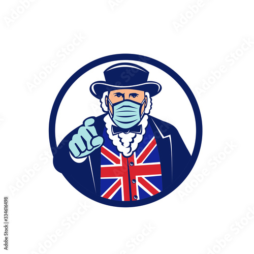 Mascot icon illustration of John Bull, a national personification of the United Kingdom and England, wearing surgical mask pointing viewed from front set in circle isolated background in retro style.