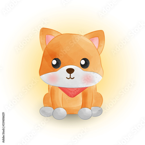 Cute Shiba Inu dog in water color style.