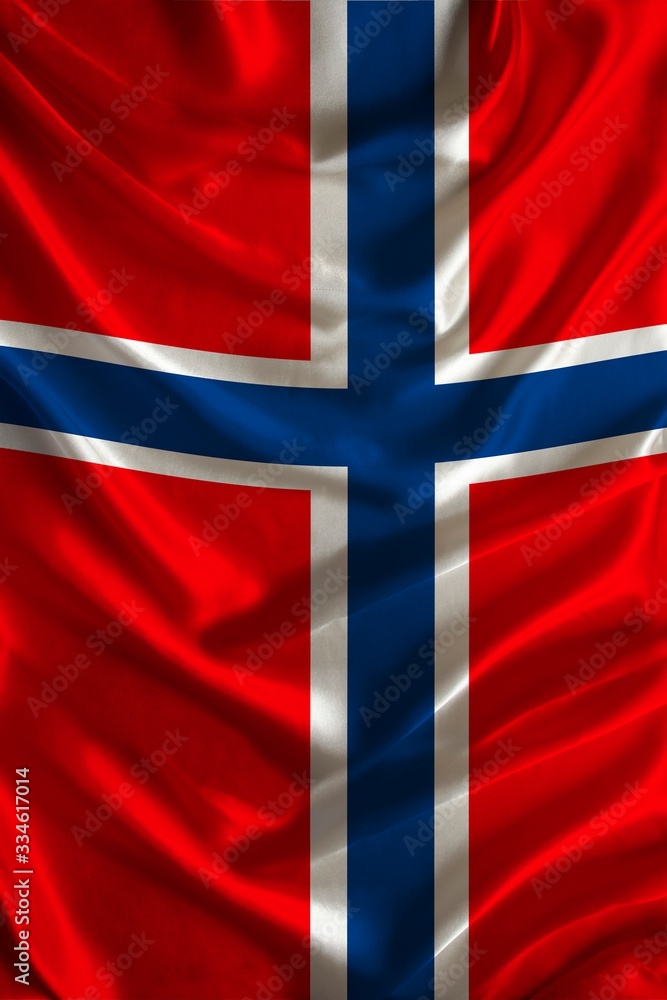 Fototapeta premium vertical silk national flag of modern state of Norway with beautiful folds, concept of tourism, travel, emigration, global business