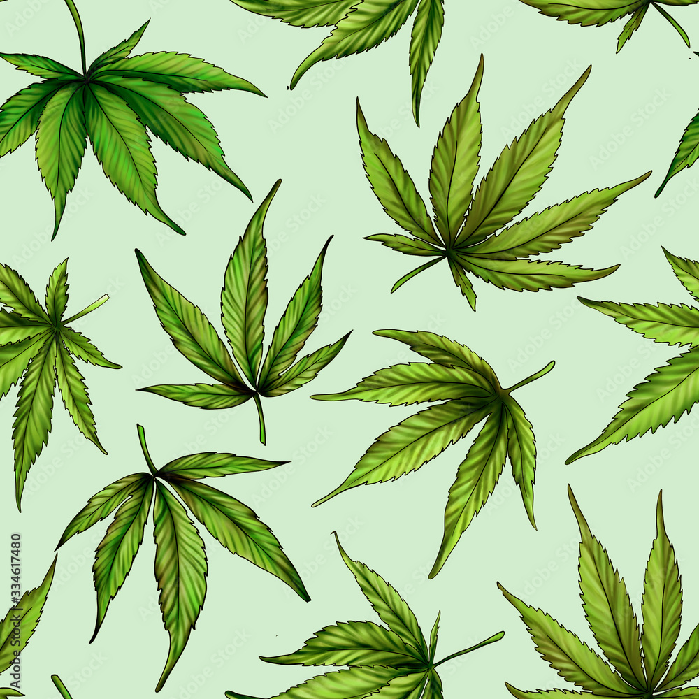 
Seamless pattern of green cannabis leaves on a green background.Hemp leaves. Cannabis leaves pattern seamless on green background. Design for textiles, t-shirts, printing, packaging.