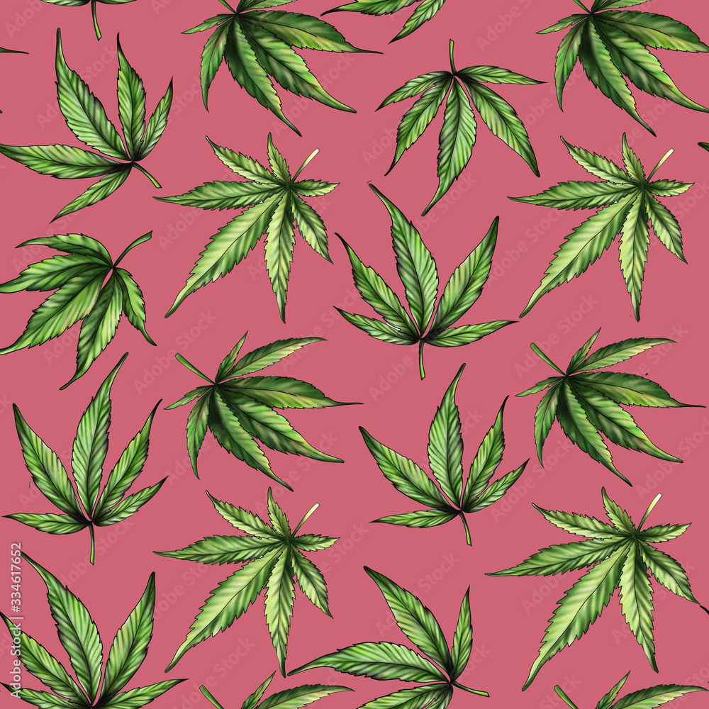  seamless pattern of green cannabis on a red background. Marijuana pattern. The Botanical pattern of cannabis.