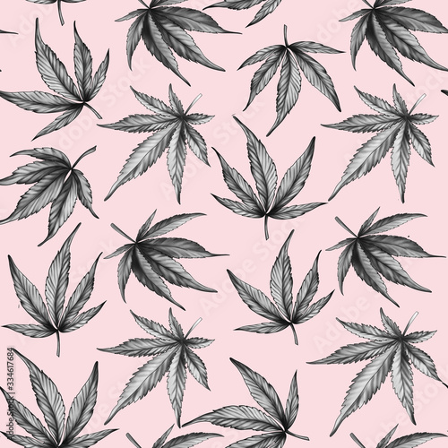 hand-drawn Seamless cannabis pattern on a pink background. Black and white hemp leaves on a pink background. © Tatyana Olina