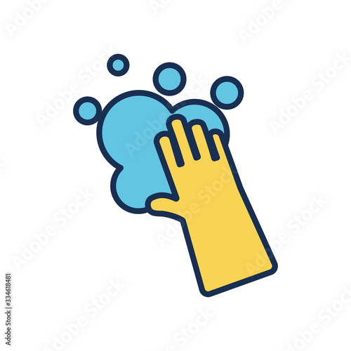 cleaning glove and soapy water icon, line fill style