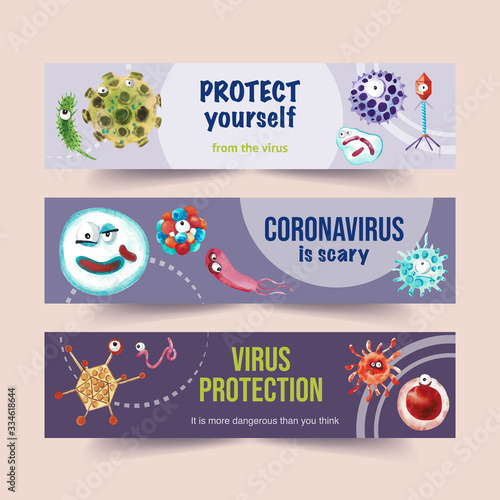 Virus banner design with watercolor painting of various viruses illustration.