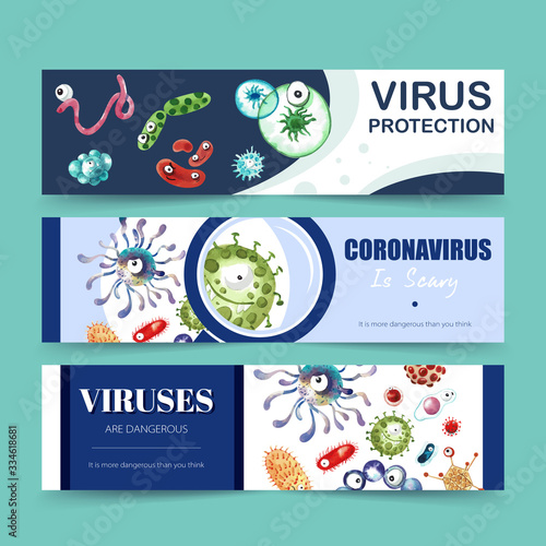 Virus banner design with Ebola virus, SARS-CoV watercolor illustration.