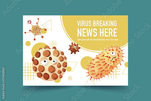FB social media decorate with watercolor painting of influenza, bacteria illustration.