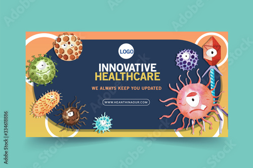 Virus FB social media design with watercolor painting of  bacteriophage illustration.