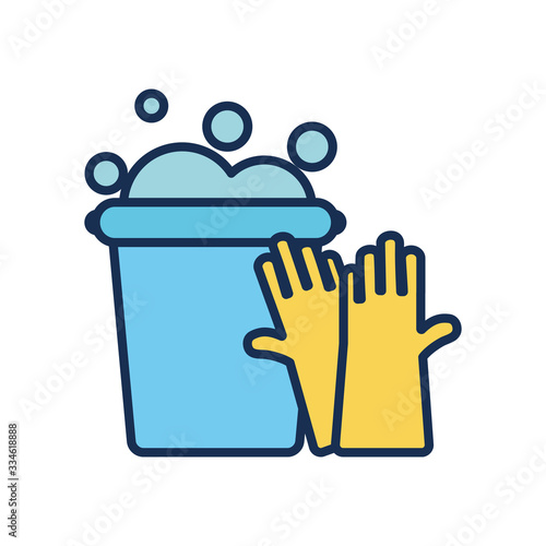 cleaning gloves and bucket with soapy water, line fill style