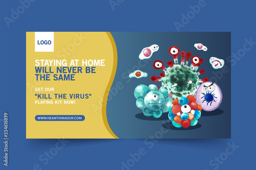 Cartoon style virus FB social media design with various viruses watercolor illustration.