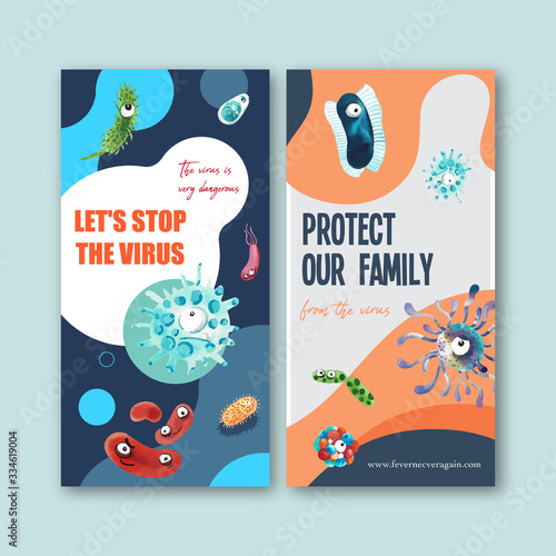 Cartoon style flyer design with bacillus watercolor illustration.
