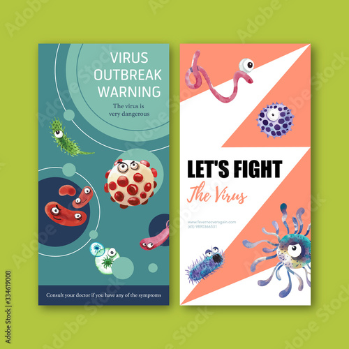 Virus flyer design with Ebola virus, bacillus, creative colorful watercolor illustration.