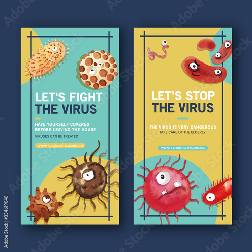 Cartoon style flyer design with watercolor painting of bacillus illustration