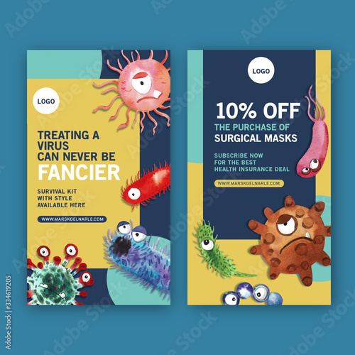 Virus IG stories ad design with bacteria, virus watercolor illustration.