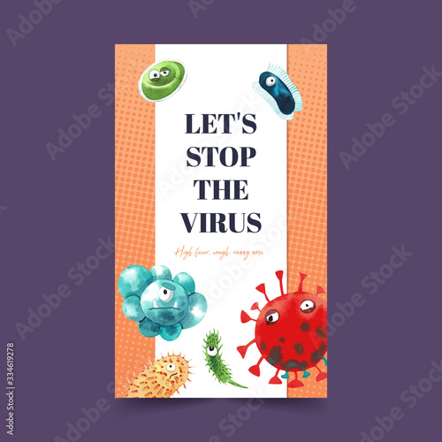 Virus poster design with watercolor painting of cartoon virus illustration.