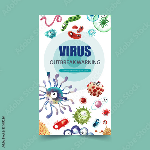 Poster design with watercolor painting of Ebola virus, hepatitis illustration.
