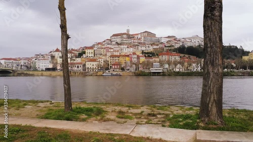 Beautiful aerial across the Modego River towards Coimbra, Portugal.