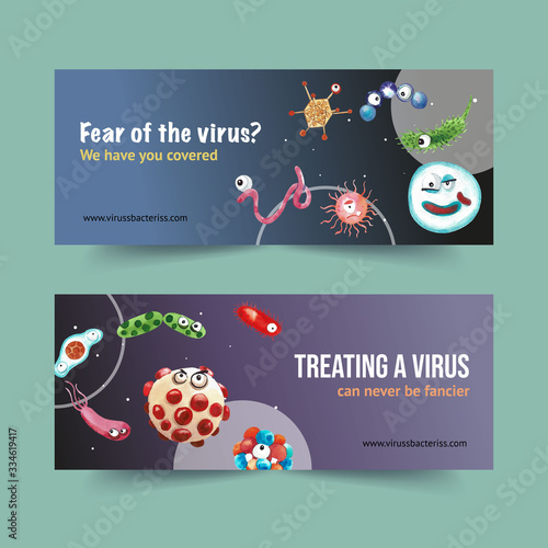 Virus twitter ad design with watercolor painting of various viruses illustration.