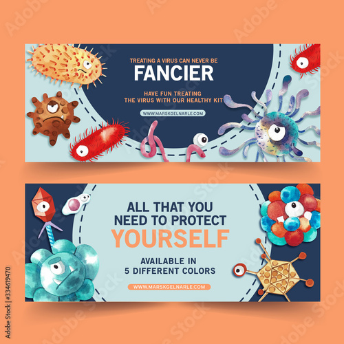 Twitter ad design with watercolor painting of bacteriophage, hepatitis illustration.