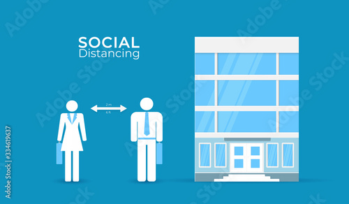 Social distancing with businessman and businesswomen working office. public society people avoid spreading corona virus. vector illustration.