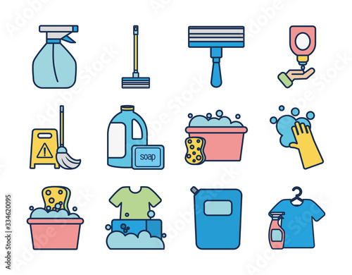 buckets and disinfection and cleaning elements icon set, line fill style