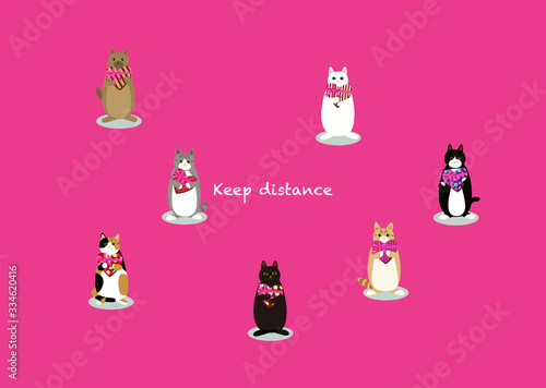 Keep distance. ウイルス感染対策　ハート型のプレゼントを持つ猫たちも距離を保つ。 © photopic