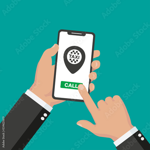 Hands hold a smartphone with a call for taxi  pointer in it.