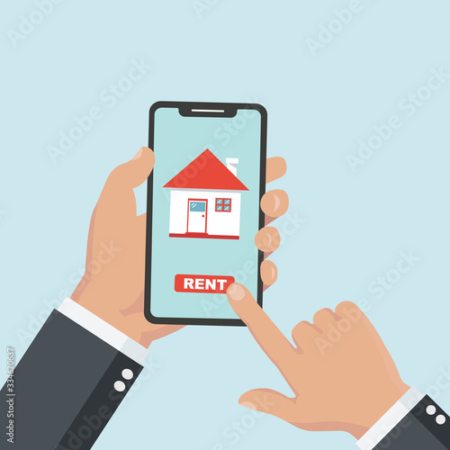 Home icon on smartphone screen. Hand hold smartphone, finger touch screen. Rent apartments, homes app. Modern concept for web banner, web sites, infographics. Creative flat design vector illustration