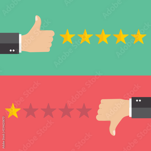 Business hand thumb up with true and false sign. Vector illustration of positive and negative feedback concept. Minimal and flat design