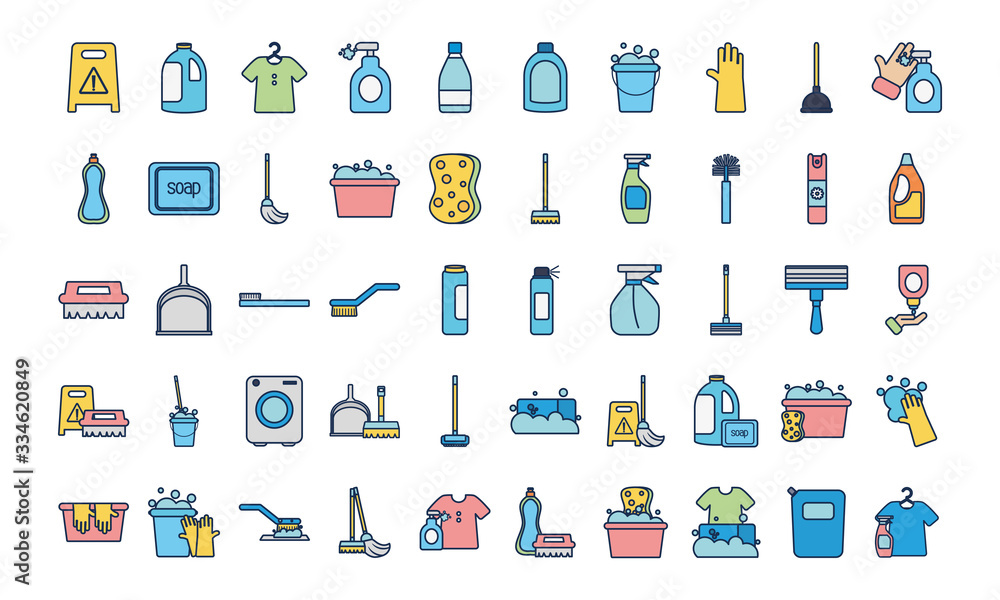 Obraz premium disinfection products and cleaning elements icon set, line fill style