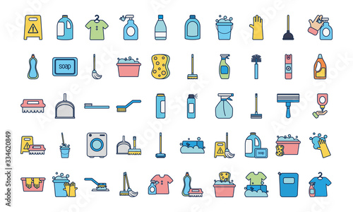 disinfection products and cleaning elements icon set, line fill style