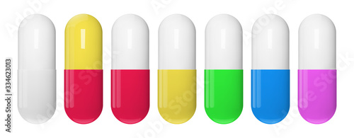 Realistic capsule pills set. Isolated pharmaceutical drugs. Vector medications mockup.