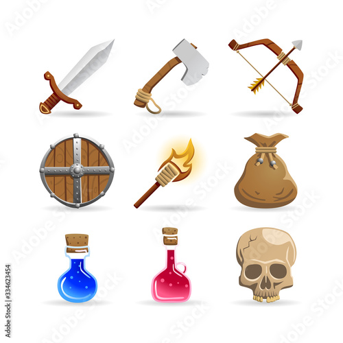 Vector set of medieval fantasy icons. Includes a sword, an axe, a bow, an arrow, a round wooden shield, a torch, a gold purse, a magic potion bottle, a life potion bottle and a fractured skull. Isolat