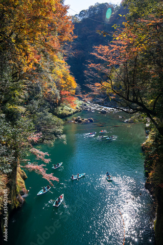 Takachiho Gorge, Miyazaki, Japan. November 16, 2019 : It's known where a trail follows the Gokase River, also accessible by boat, past Manai Falls. 