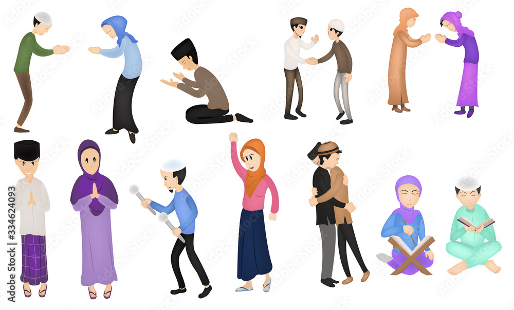 collection Happy eid mubarak with people character concept. Islamic design for Landing page templates, kids Book Illustration, Banners, Card Invitation, Poster and Social media.