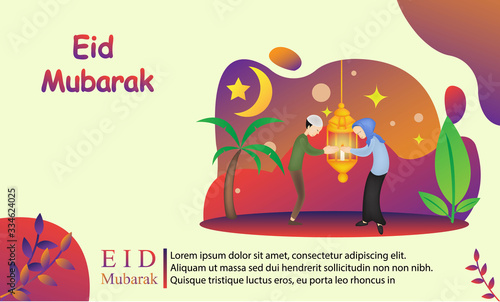 eid mubarak with cartoon ilustration Graphic Elements Template can be use for,landing page, template, ui, web, mobile app, poster, banner, flyer,kids cover Book, social media, Card Invitation,