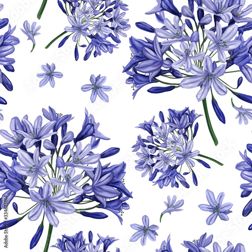 Seamless pattern. Blue agapanthus flower pattern. This pattern can be used for printing on textiles, wallpaper and other surfaces.