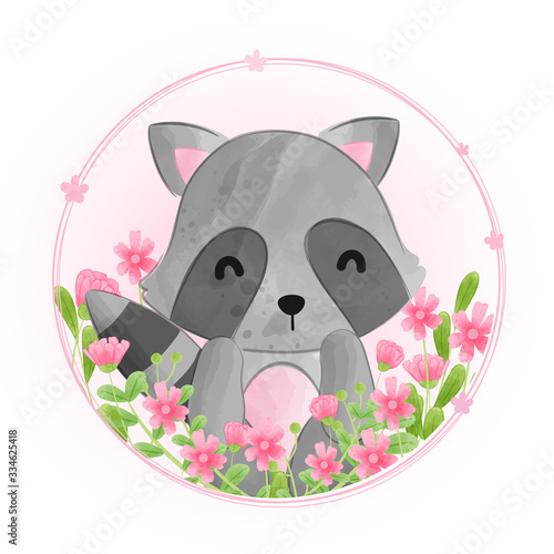 cute  raccoon with floral in  watercolor style.