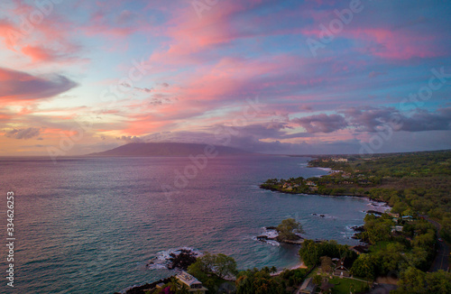 Fototapeta Naklejka Na Ścianę i Meble -  Sunset from Maui via drone